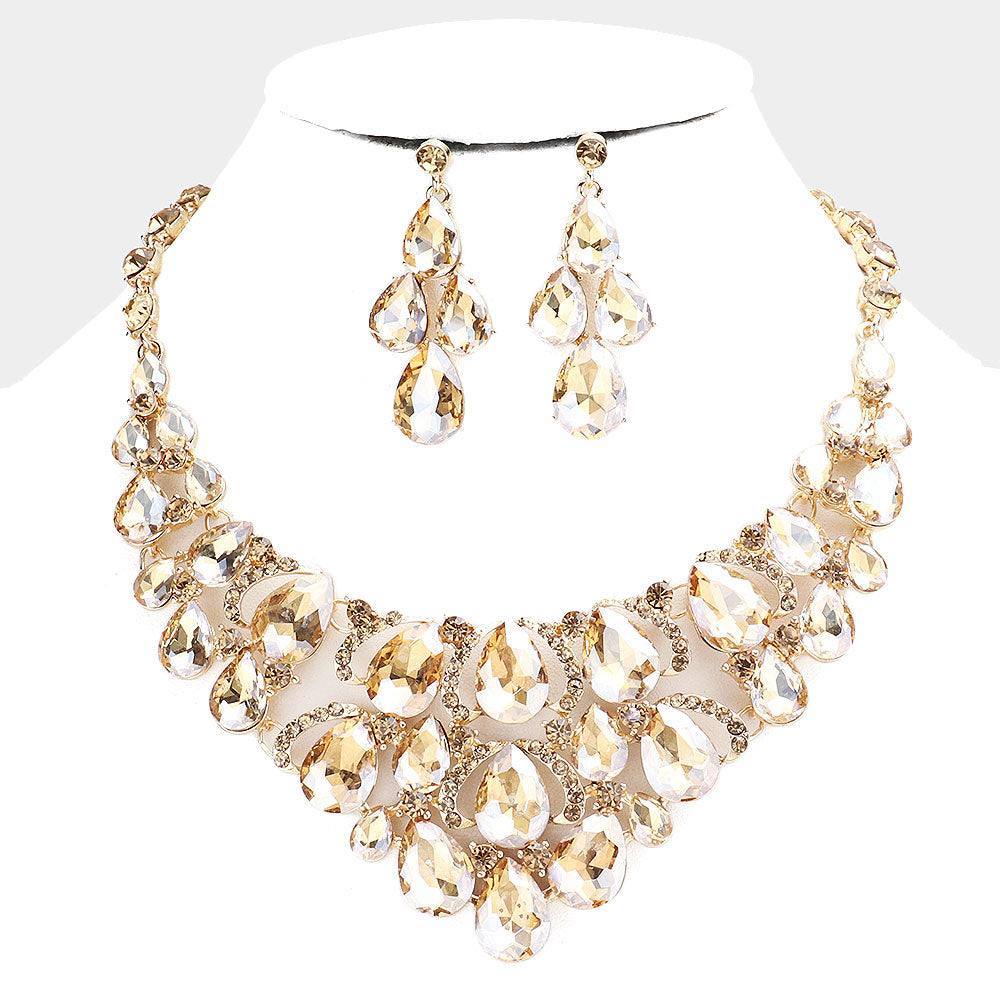 Topaz Crystal Teardrop Cluster Pageant Necklace  | Statement Necklace