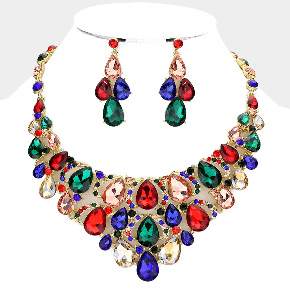 Multi-Color Crystal Teardrop Cluster Pageant Necklace  | Statement Necklace