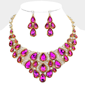 Fuchsia Crystal Teardrop Cluster Pageant Necklace  | Statement Necklace | 560928