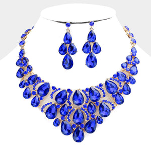 Sapphire Crystal Teardrop Cluster Pageant Necklace on Gold | Statement Necklace on a white mannequin bust