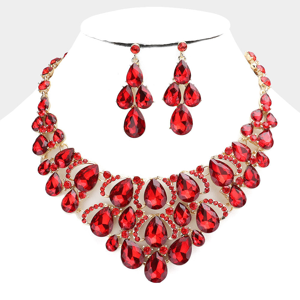 Red Crystal Teardrop Cluster Pageant Necklace on Gold | Statement Necklace