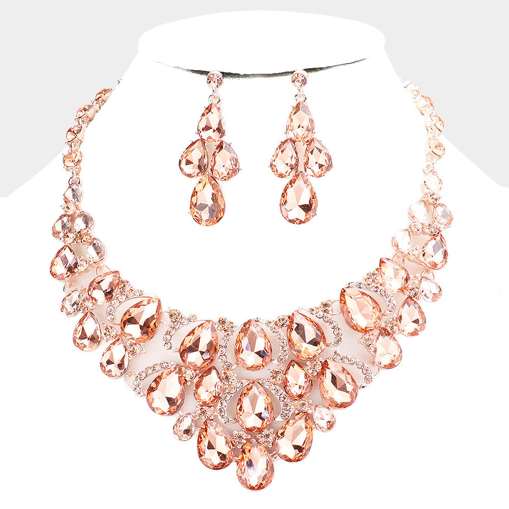 Peach Crystal Teardrop Cluster Pageant Necklace  | Statement Necklace