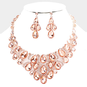 Peach Crystal Teardrop Cluster Pageant Necklace  | Statement Necklace
