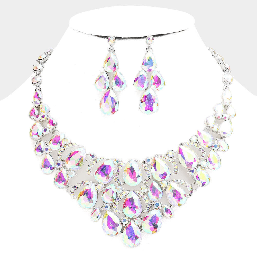AB Crystal Teardrop Cluster Pageant Necklace  | Statement Necklace