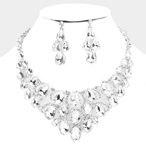 Clear Crystal Teardrop Cluster Pageant Necklace  | Statement Necklace on a white mannequin bust