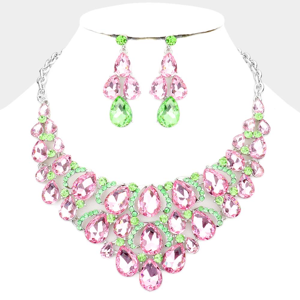 Pink & Green Crystal Teardrop Cluster Pageant Necklace  | Statement Necklace