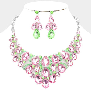 Pink & Green Crystal Teardrop Cluster Pageant Necklace  | Statement Necklace