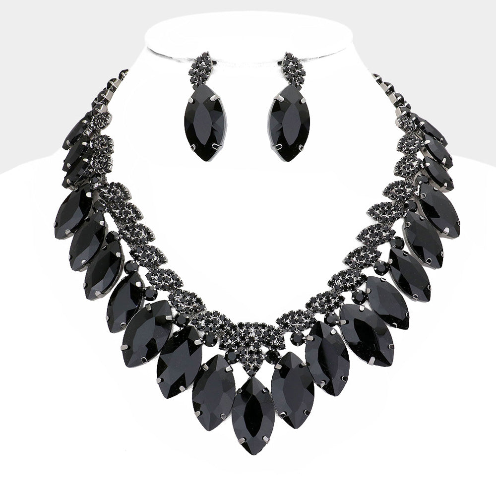 Jet Black Crystal Marquise Stone Statement Necklace 565116