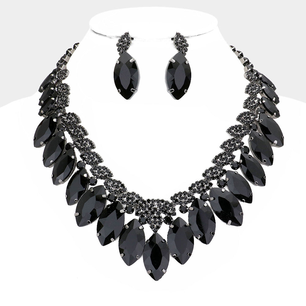 Jet Black Crystal Marquise Stone Statement Necklace 