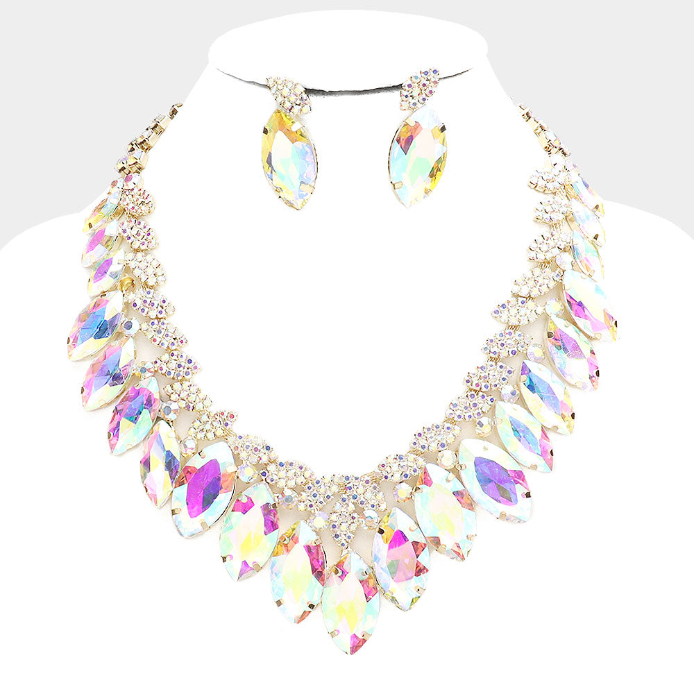 AB Crystal Marquise Stone Statement Necklace on Gold