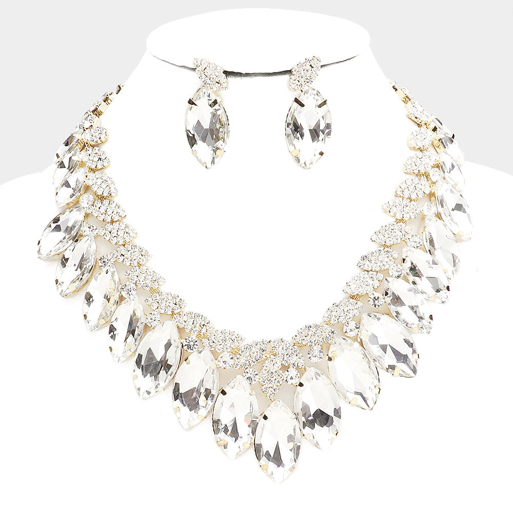 Clear Crystal Marquise Stone Statement Necklace on Gold