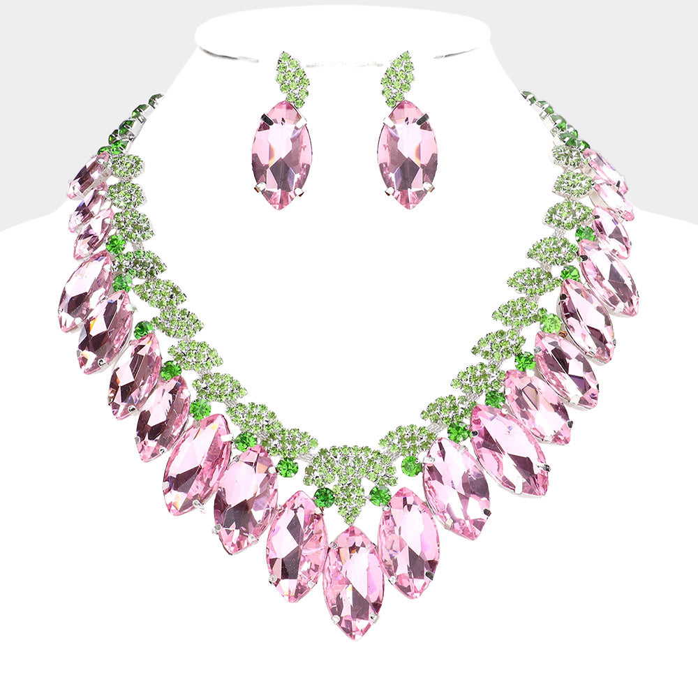 Pink & Green  Crystal Marquise Stone Statement Necklace