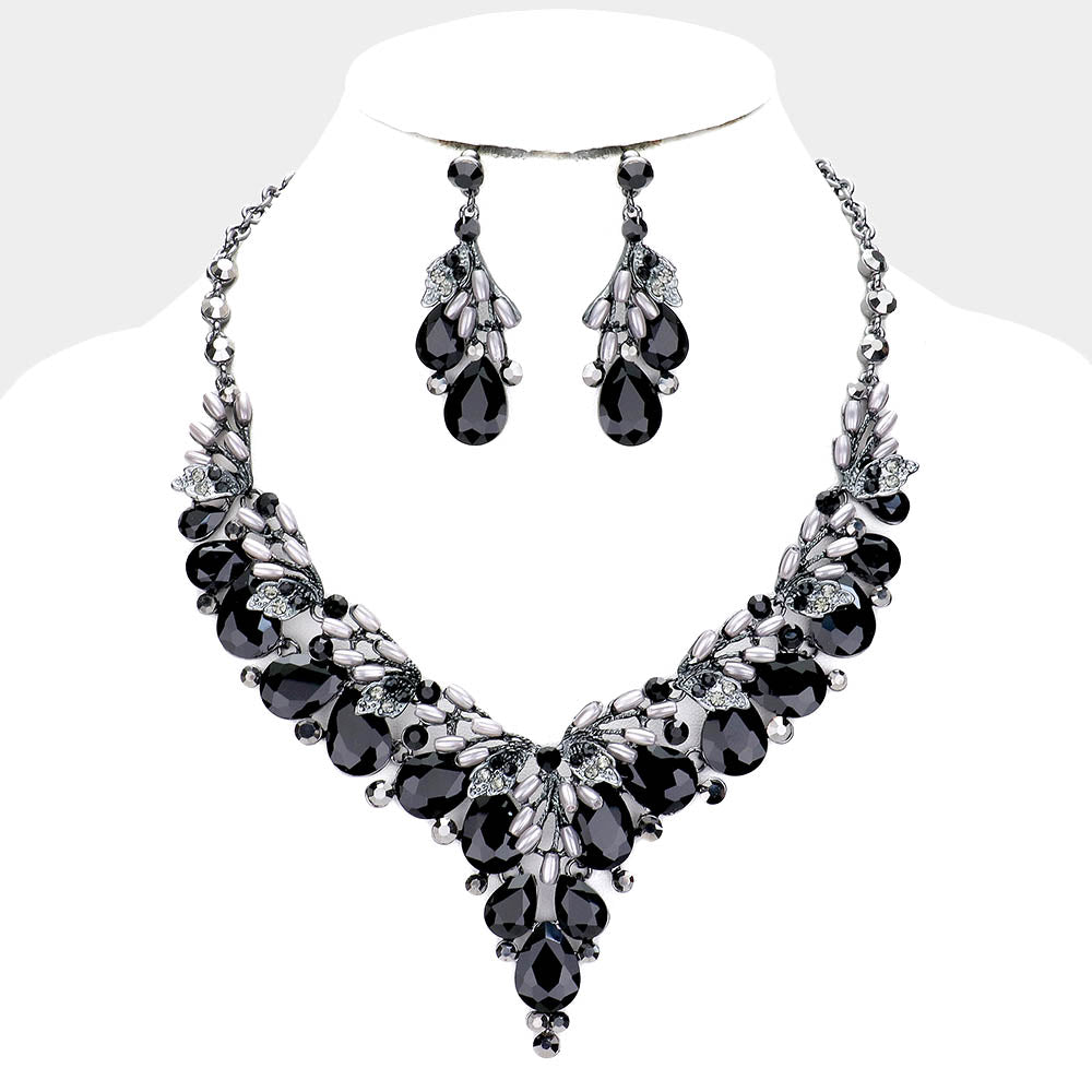Teardrop Black Crystal Vine Statement Necklace Set