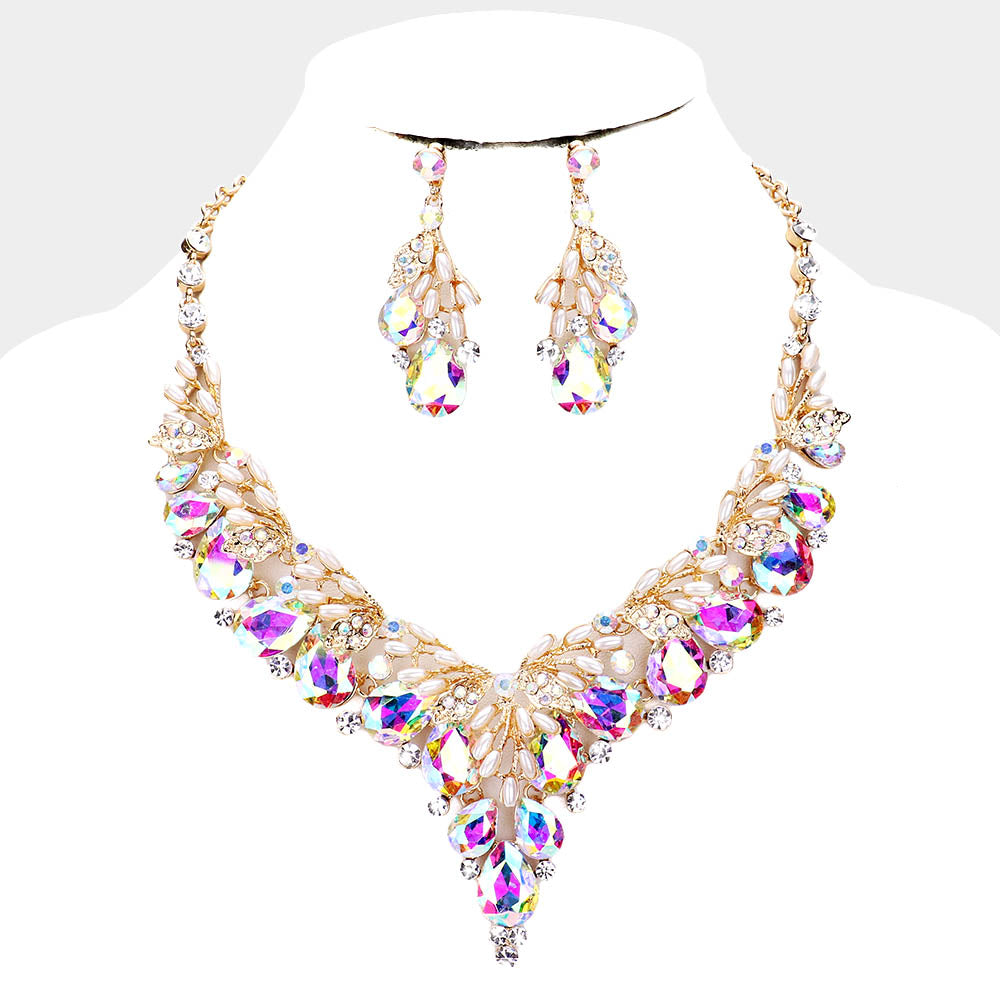 Teardrop AB Crystal Vine Statement Necklace Set