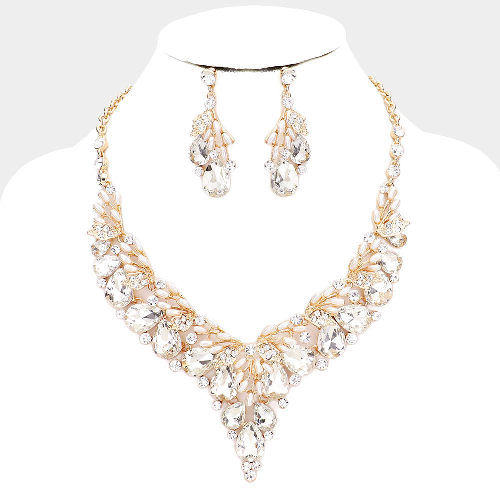 Teardrop Clear Crystal Vine Statement Necklace Set  | 454315