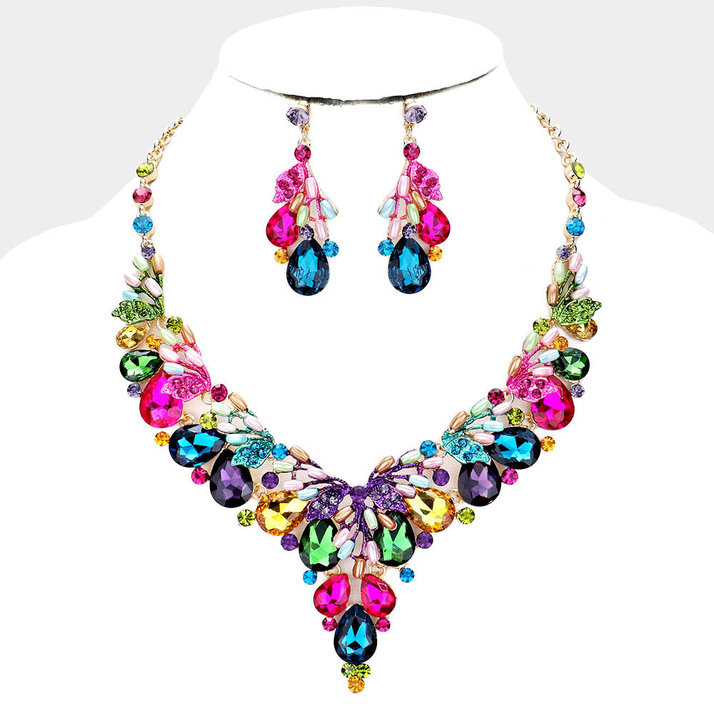 Teardrop Multi-Color Crystal Vine Statement Necklace Set