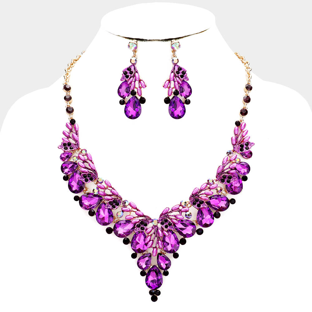 Teardrop Purple Crystal Vine Statement Necklace Set