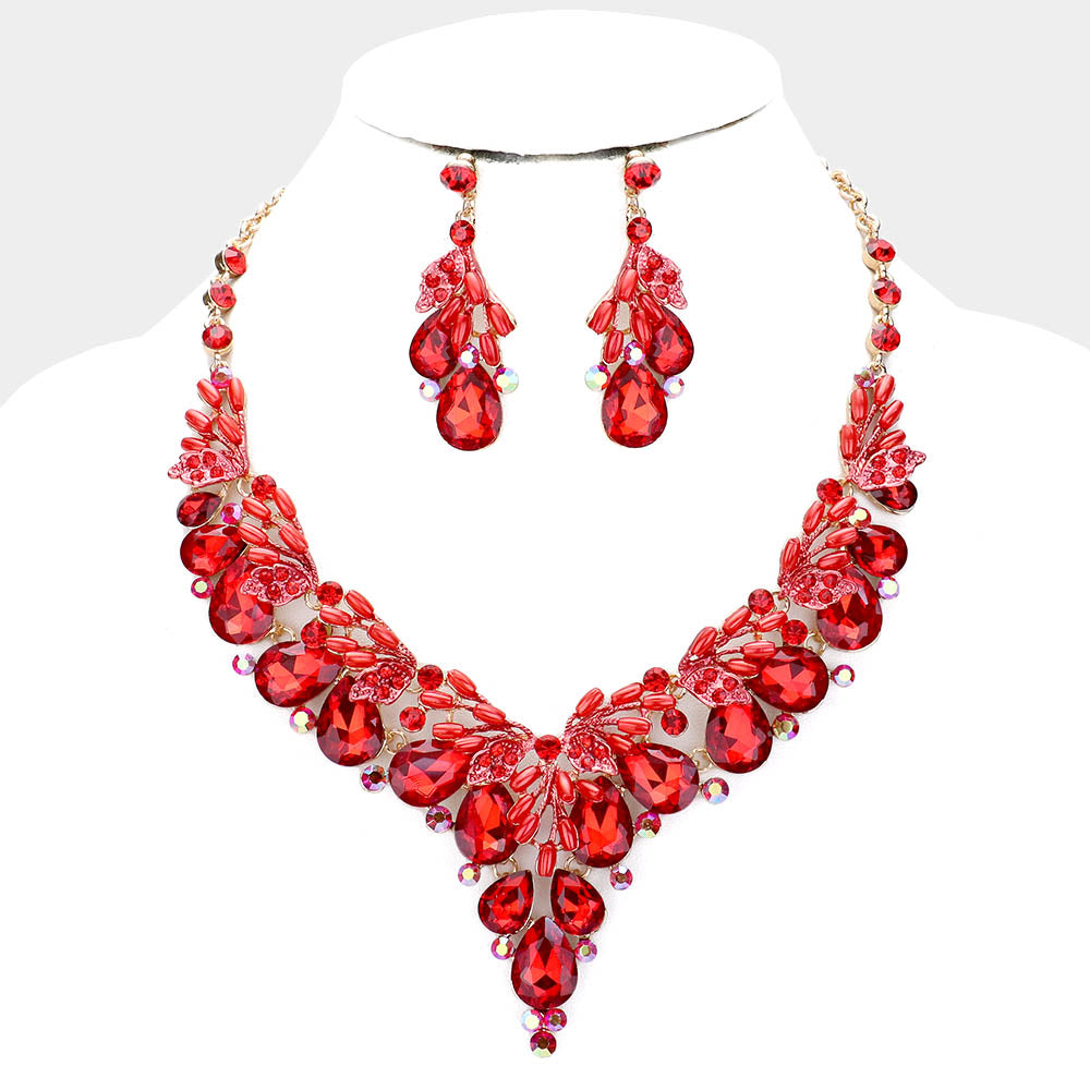 Teardrop Red Crystal Vine Statement Necklace Set