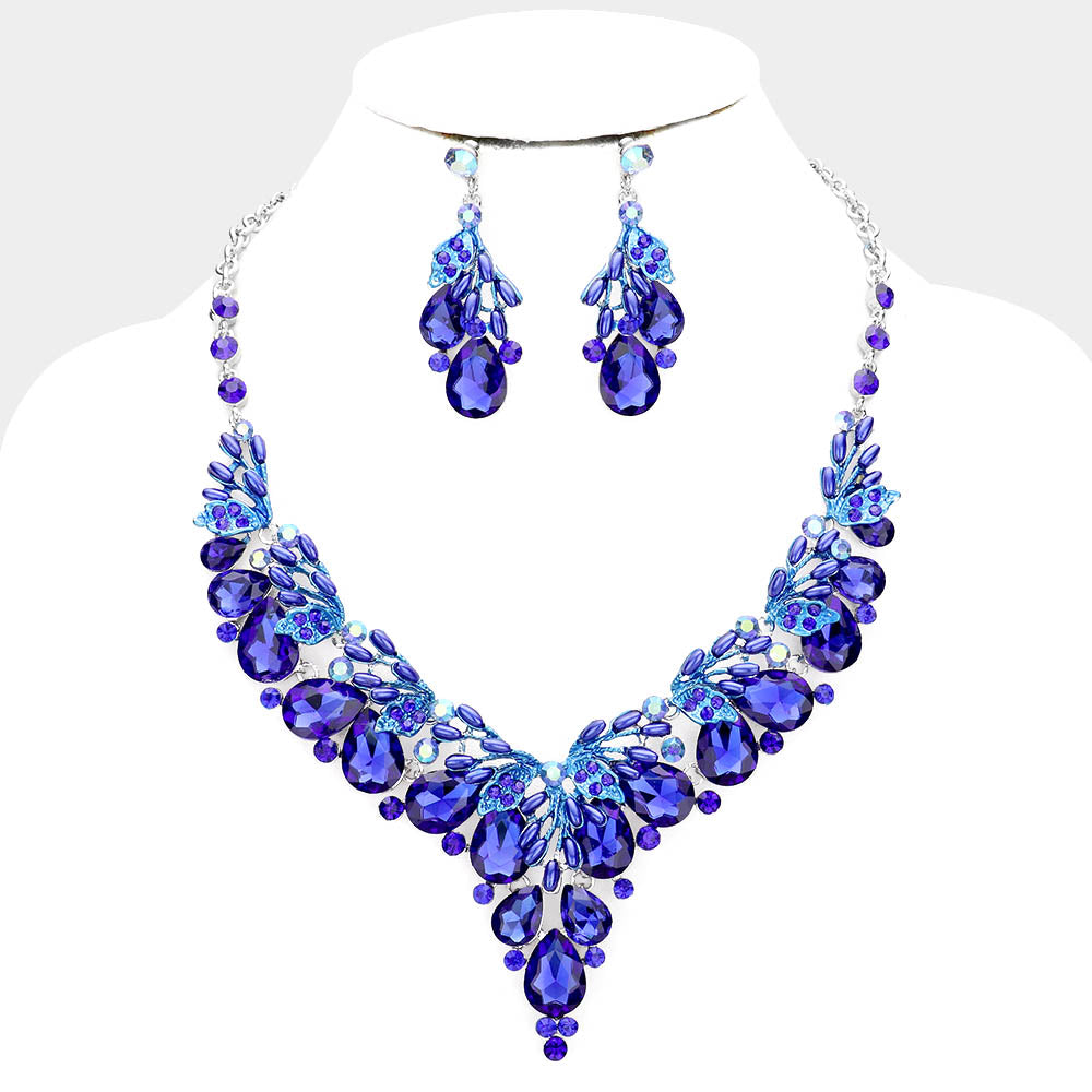 Teardrop Royal Blue Crystal Vine Statement Necklace Set L M Bling lmbling