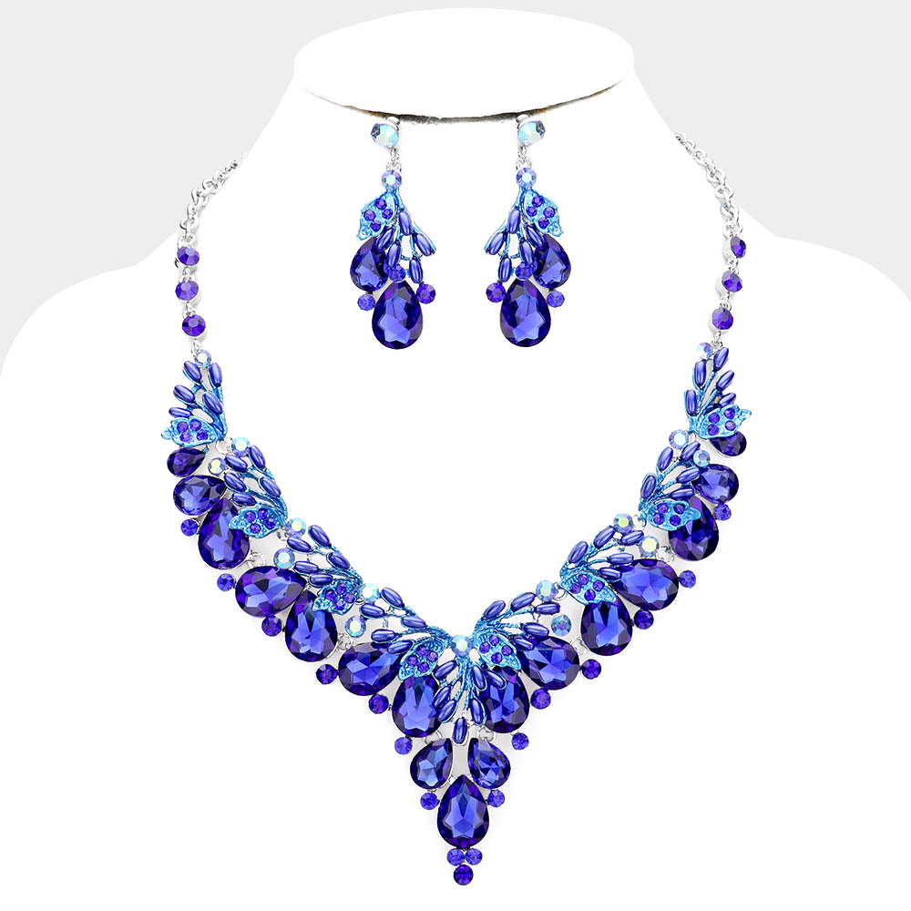 Teardrop Blue Crystal Vine Statement Necklace Set