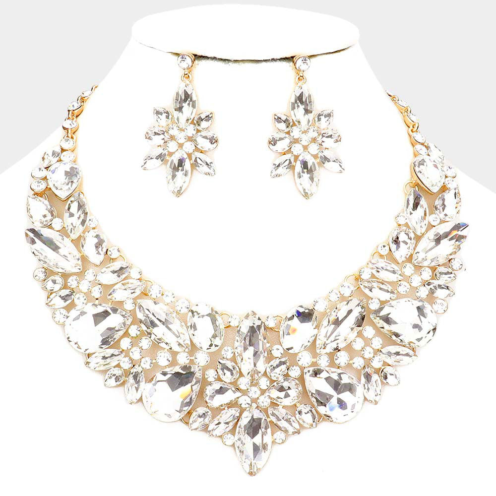 Clear Crystal Multi Stone Statement Necklace on Gold | Evening Necklace