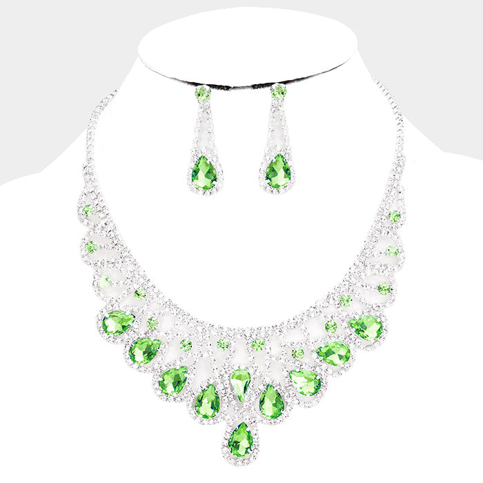 Green Crystal Teardrop Rhinestone Pageant Prom Necklace Set