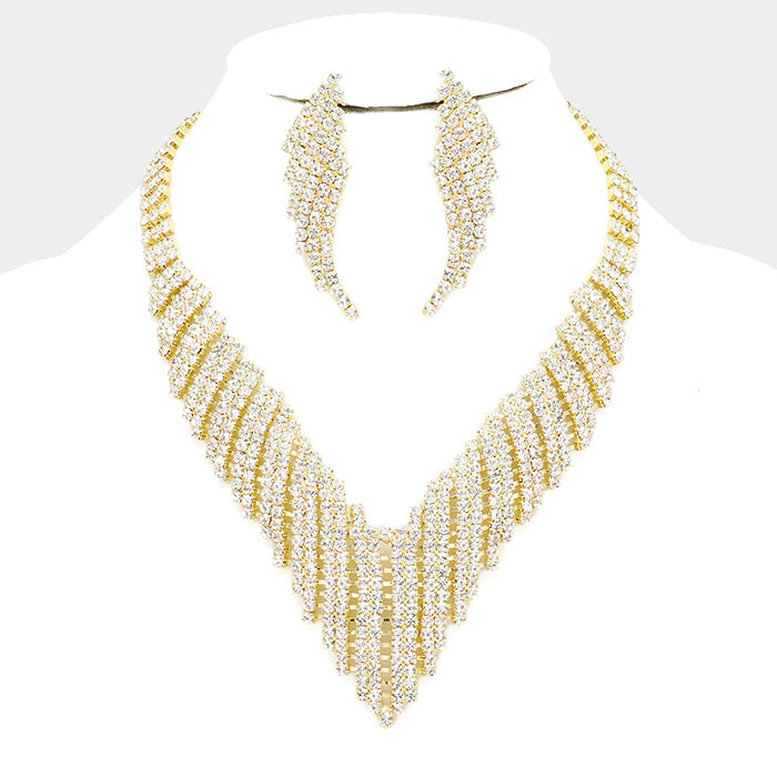 Crystal Rhinestone Pave Jagged Collar Pageant Necklace on Gold | Evening Necklace Set