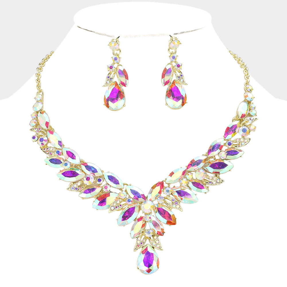 Leaf Cluster AB Multi Stone Pageant Necklace on Gold | Evening Necklace