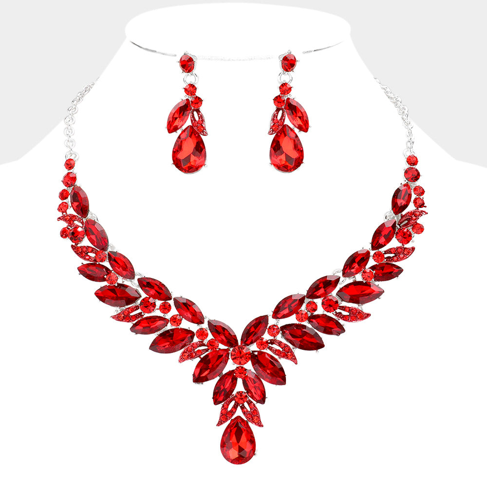 Red Marquise Stone Leaf Pageant Necklace  | Evening Necklace