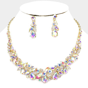 AB Crystal Floral Teardrop Pageant Necklace on Gold | Homecoming Jewelry