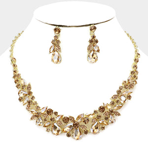 Gold Crystal Floral Teardrop Pageant Necklace | Homecoming Jewelry