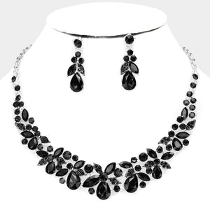 Black Crystal Floral Teardrop Pageant Necklace | Homecoming Jewelry | 486769