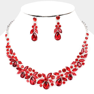 Red Crystal Floral Teardrop Pageant Necklace | Homecoming Jewelry