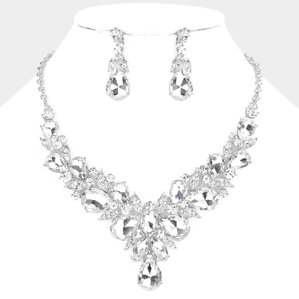 Leaf Cluster Clear Multi Stone Pageant Necklace  | Evening Necklace