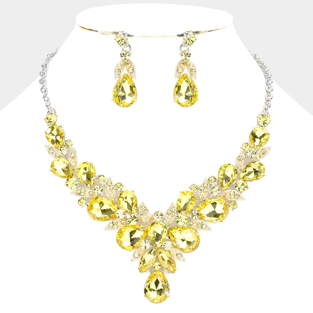 Leaf Cluster Yellow Multi Stone Pageant Necklace | Evening Necklace