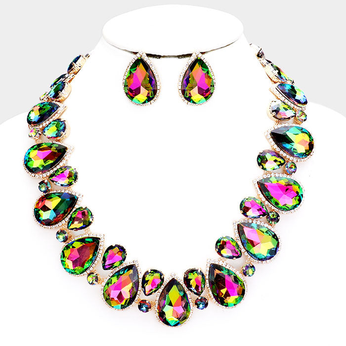 Multi-Color Crystal Rhinestone Trim Teardrop Collar Evening Necklace on Gold