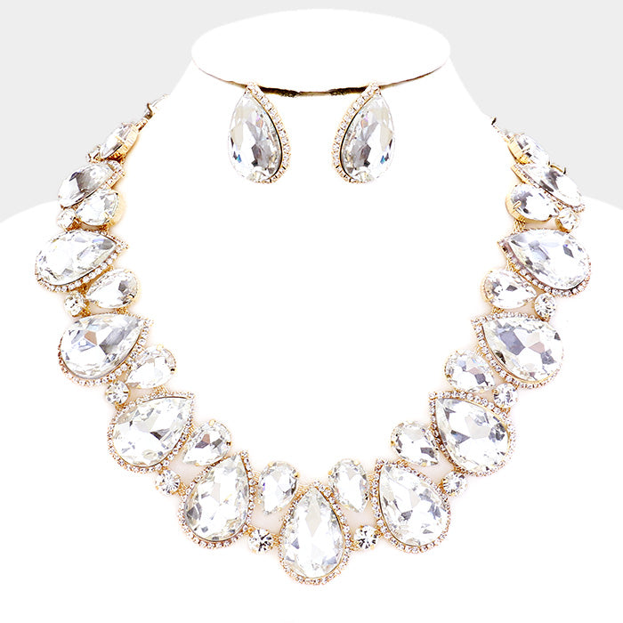 Clear Crystal Rhinestone Trim Teardrop Collar Evening Necklace on Gold