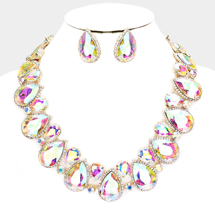 AB Crystal Rhinestone Trim Teardrop Collar Evening Necklace on Gold