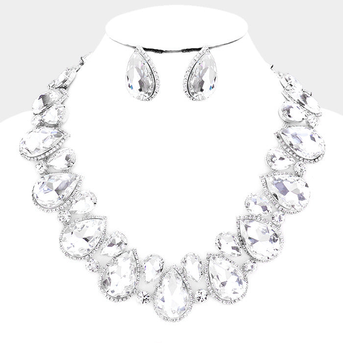 Clear Crystal Rhinestone Trim Teardrop Pageant Necklace | Evening Necklace  | 413215