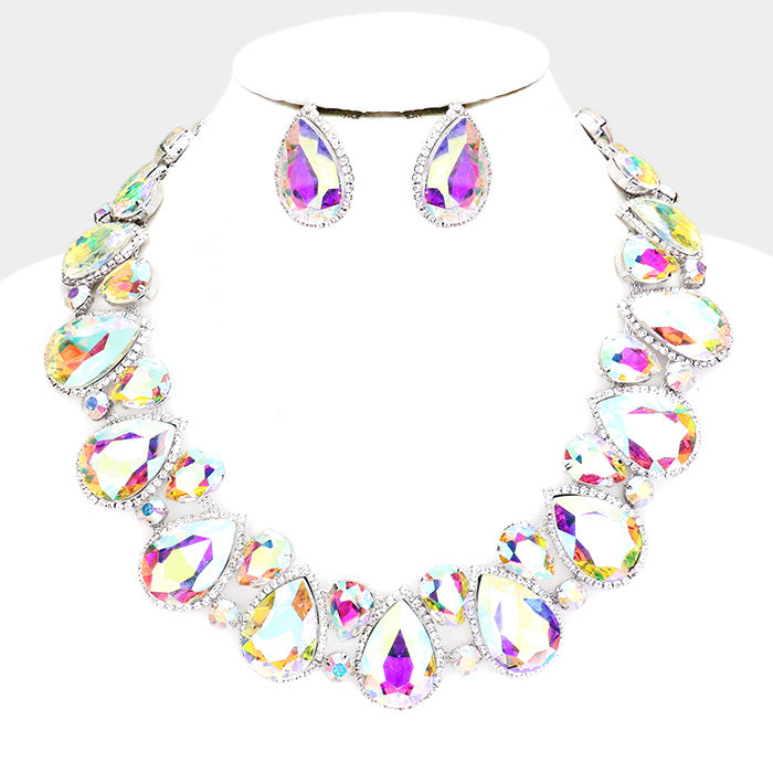 AB Crystal Rhinestone Trim Teardrop Collar Evening Necklace