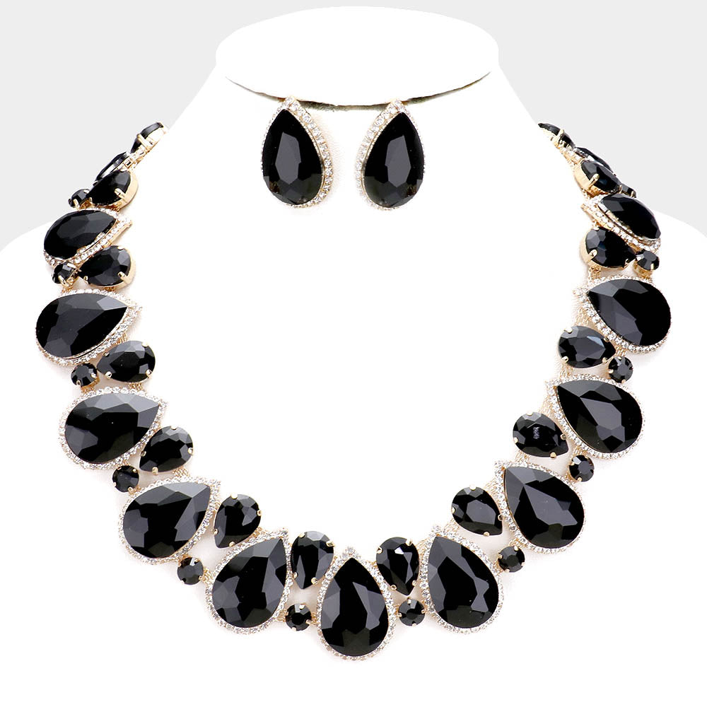 Black Crystal Rhinestone Trim Teardrop Collar Evening Necklace on Gold