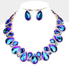 Blue Crystal Rhinestone Trim Teardrop Collar Evening Necklace on Gold