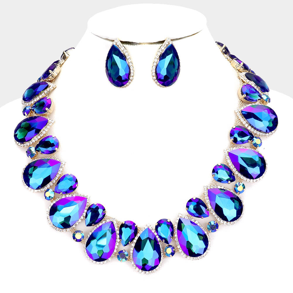 Blue Crystal Rhinestone Trim Teardrop Collar Evening Necklace on Gold