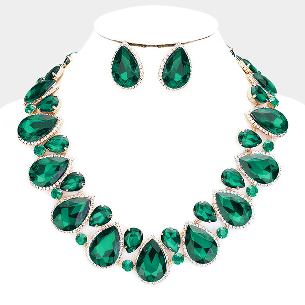 Emerald Crystal Rhinestone Trim Teardrop Collar Evening Necklace on Gold