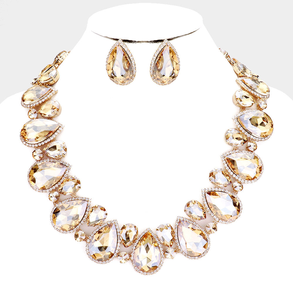 Gold Crystal Rhinestone Trim Teardrop Pageant Necklace on Gold | Evening Necklace 