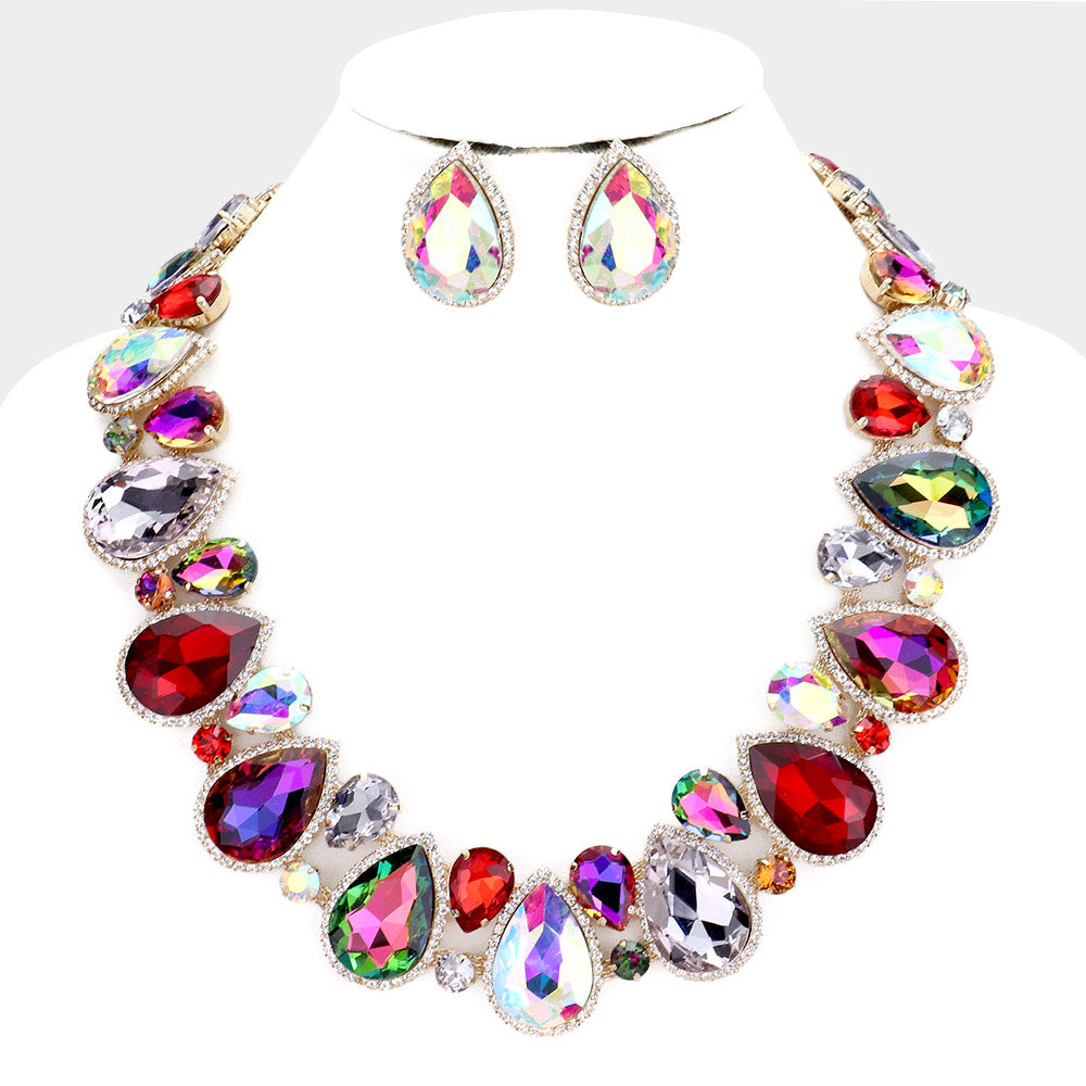 Multi-Color Crystal Rhinestone Trim Teardrop Pageant Necklace on Gold |  Evening Necklace | L&M Bling - lmbling