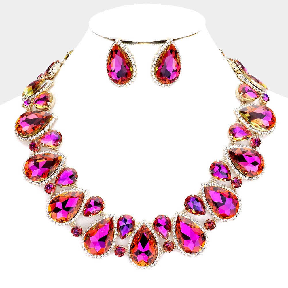 Purple Crystal Rhinestone Trim Teardrop Collar Evening Necklace on Gold