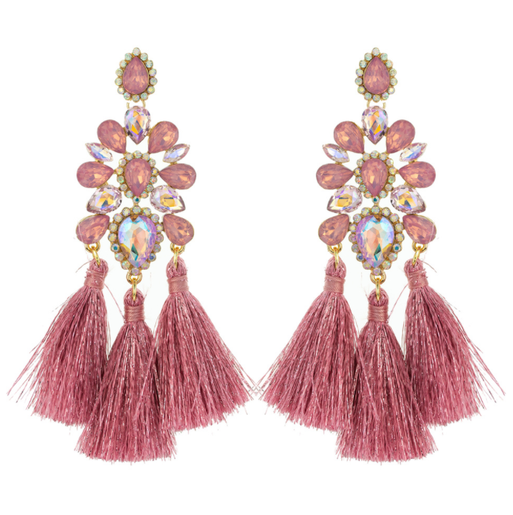 Boho Chic Pink Opal Tassel Fun Fashion Earrings