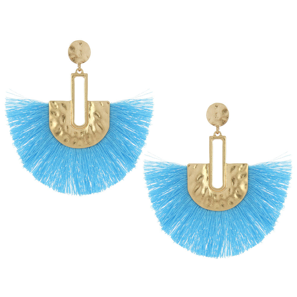 Gold Post Aqua Fabric Fun Fashion Tassel Earrings