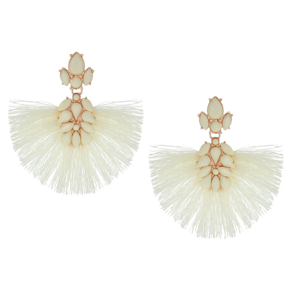 Ivory Stone and Fabric Fun Fashion Tassel Earrings on Rose Gold